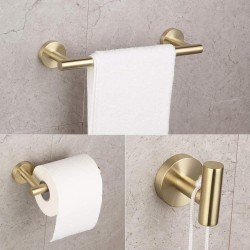 Accesorios de baño en dorado cepillado de acero inoxidable SUS304: Toallero + portarrollos + percha