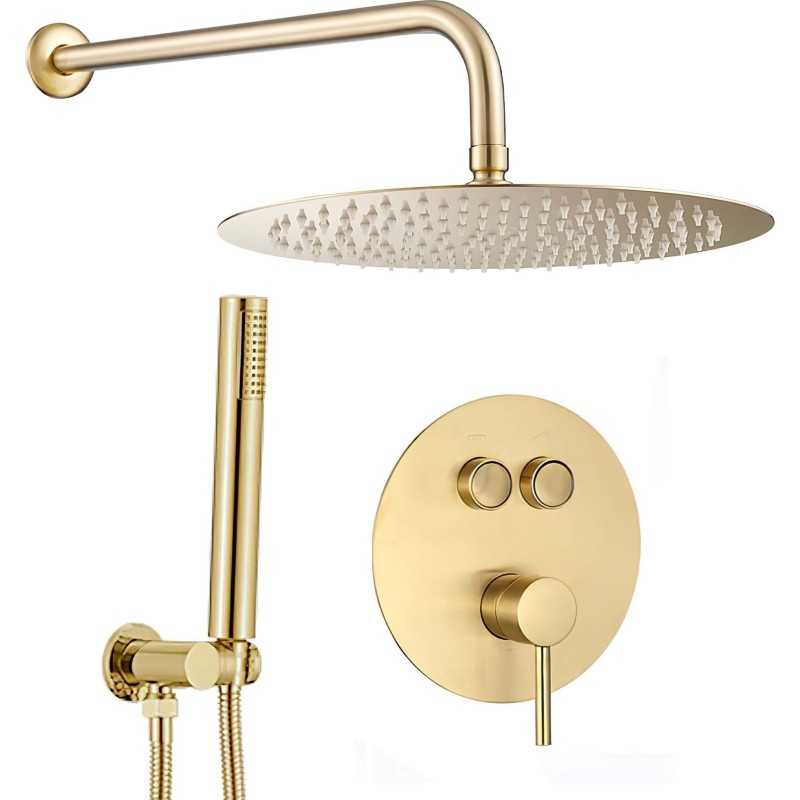 Ducha empotrada monomando redonda con pulsadores a techo dorado cepillado Ducha empotrada monomando redonda con pulsadores a techo dorado cepillado