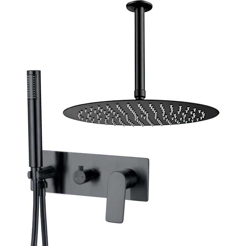 Ducha empotrada monomando redonda a techo con embellecedor rectangular negro mate Ducha empotrada monomando redonda a techo con embellecedor rectangular negro mate