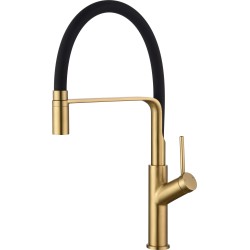 Grifo de cocina alto oro mate monomando con caño flexible y giratorio dorado cepillado