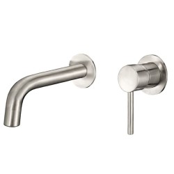 Grifo lavabo empotrado caño 15cm fino redonda fijo acero cepillado