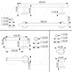 Accesorios de baño en acero cepillado de acero inoxidable SUS304: Toallero 40cm + portarrollos + percha