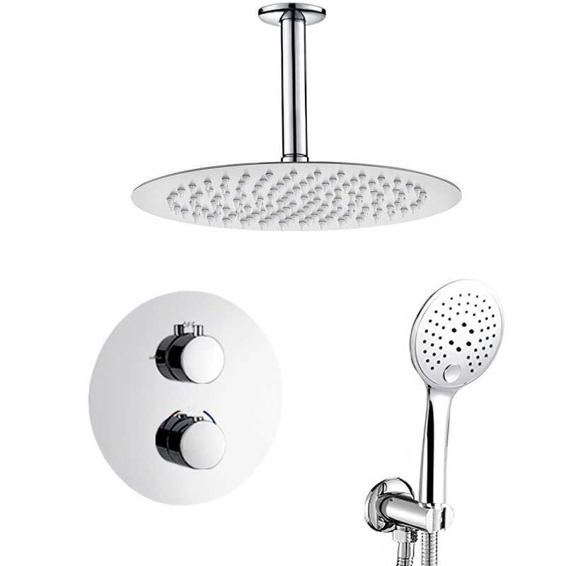 Ducha empotrada termostática redonda con rociador extraplano a techo Ducha empotrada termostática redonda con rociador extraplano a techo