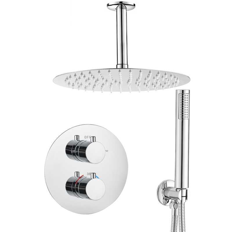 Ducha empotrada termostática techo redonda con rociador extraplano - Serie Jucar Ducha empotrada termostática techo redonda con rociador extraplano - Serie Jucar