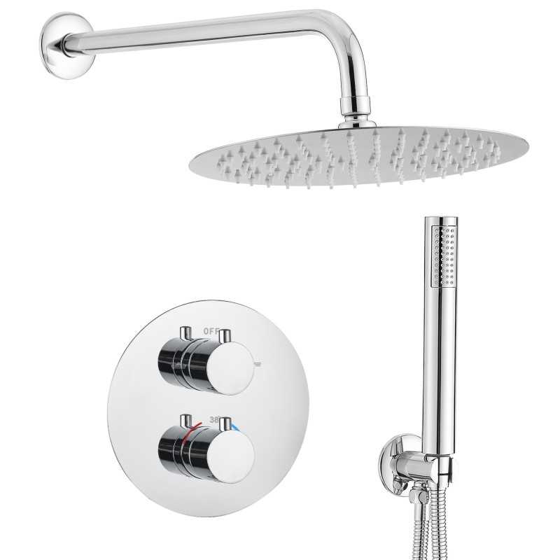 Ducha empotrada termostática redonda con rociador extraplano a pared Ducha empotrada termostática redonda con rociador extraplano a pared