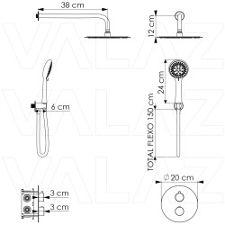 Ducha empotrada termostática redonda con rociador extraplano a pared - Serie Cabriel