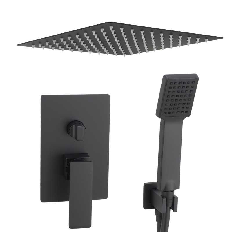Ducha empotrada con caja ras negro mate co rociador extraplano serie Limia