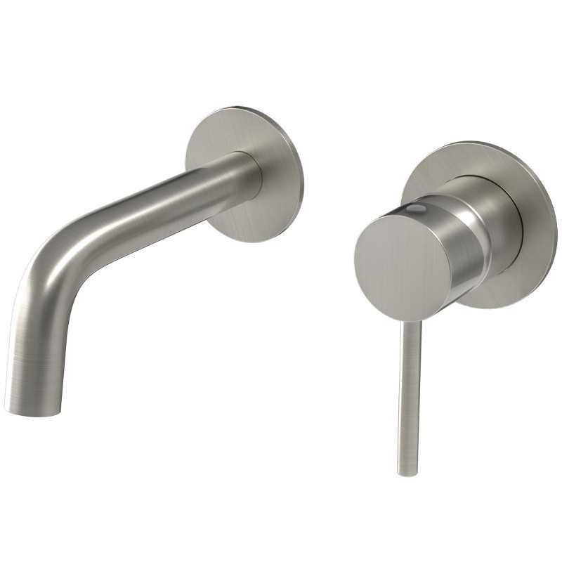 Grifo lavabo empotrado caño 15cm fino redonda fijo acero cepillado