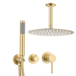 Ducha empotrada monomando redonda a techo oro mate