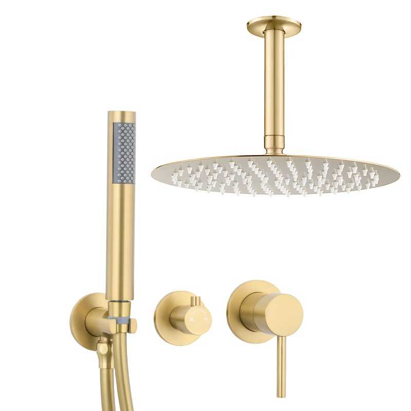 Ducha empotrada monomando redonda a techo oro mate