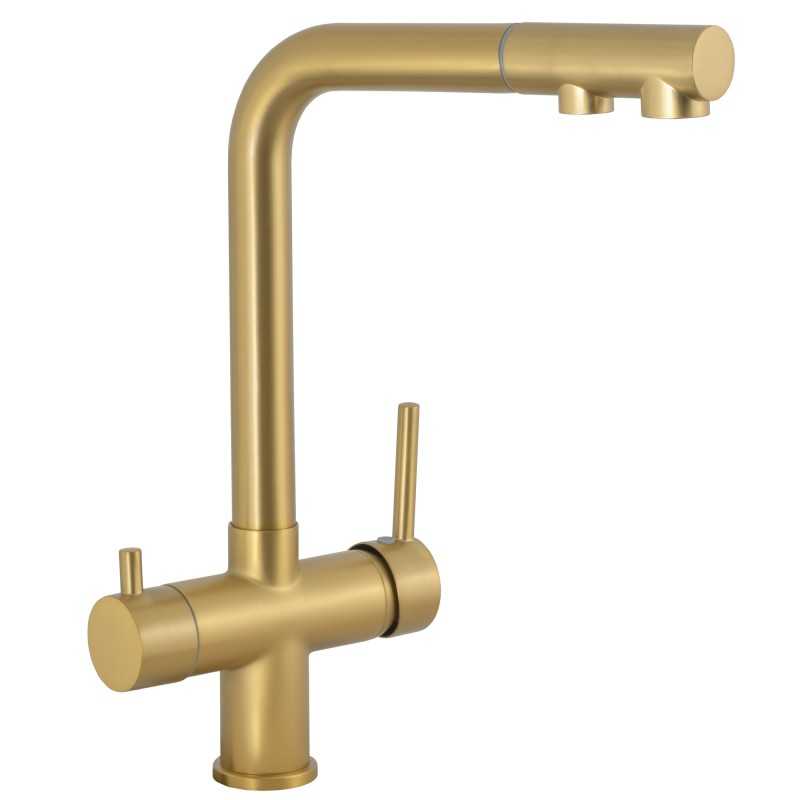 Grifo de cocina monomando 3 vías redondo con osmosis y extraíble en oro mate serie Vernisa