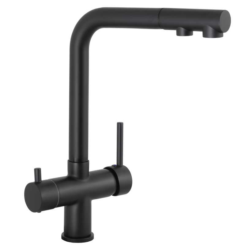 Grifo de cocina monomando 3 vías redondo con osmosis y extraíble en negro mate serie Vernisa