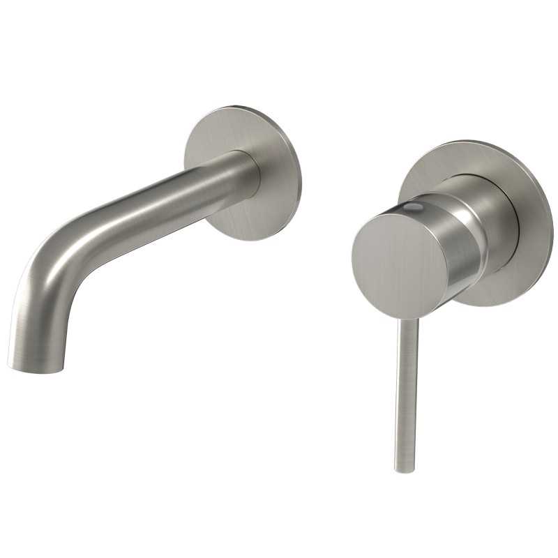 Grifo lavabo empotrado caño 15cm fino redonda fijo acero cepillado